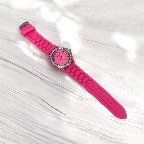 Geneva Pink Silicone Strap Watch With Rhinestone Bezel & Stainless Steel Back - Picture 2 of 5